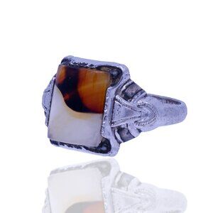 Vintage Art Deco Ostby & Barton Sterling Silver Banded Agate Ring, Sz 6